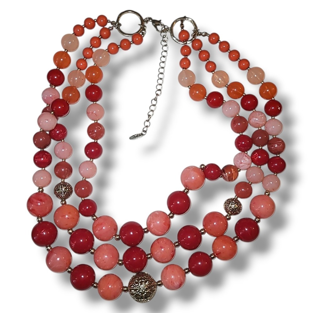 VCLM Nordstrom Chunky 3-Strand Acrylic Bead Statement Necklace Pink Red & Silver